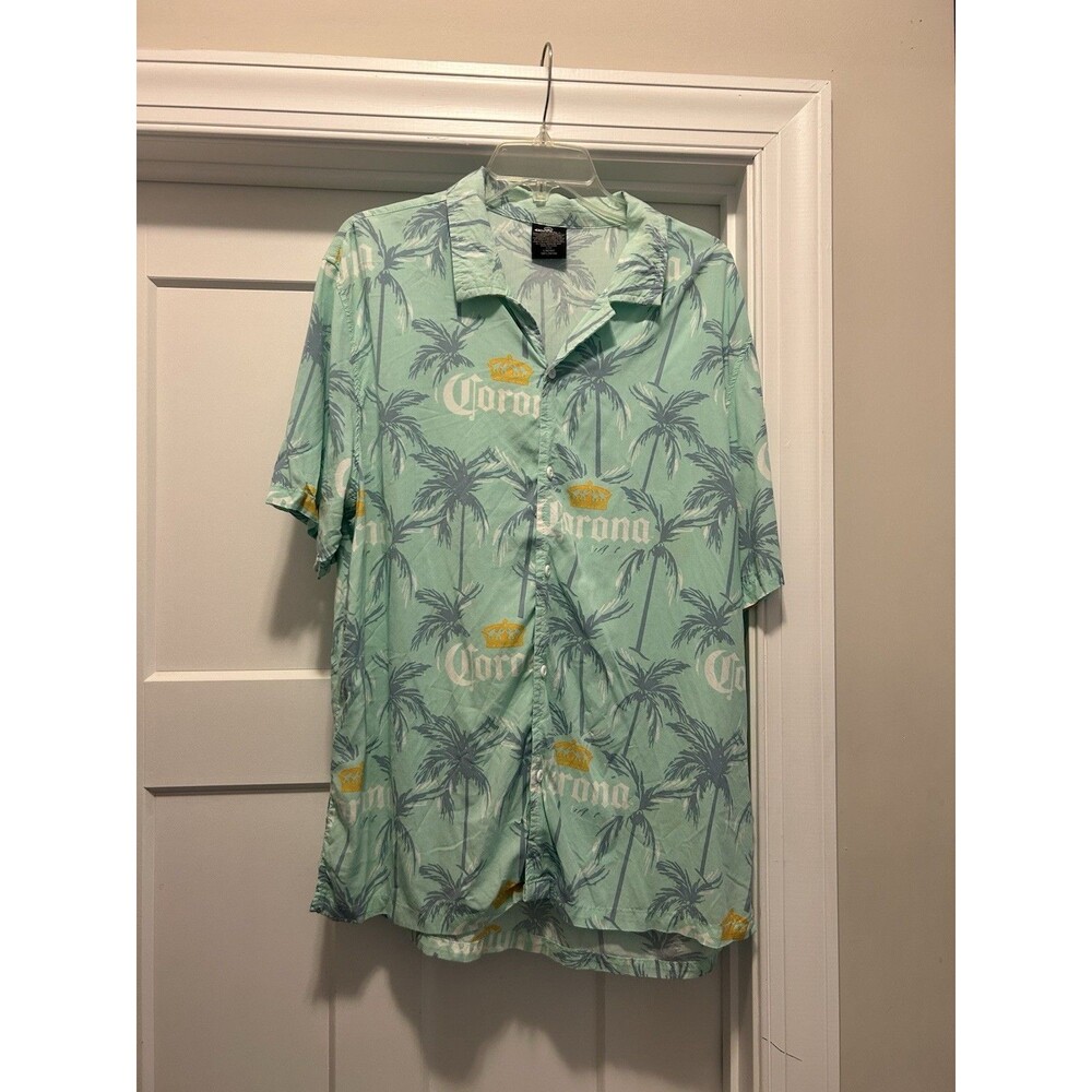 CORONA Bottle Hawaiian Shirt Men Large Palm Tree Tropical Short Sleeve Button Up